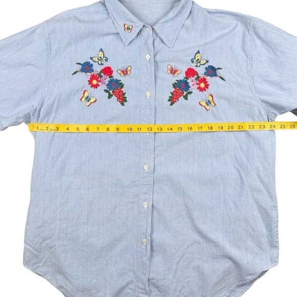Vintage Embroidered Denim Button Up Shirt Floral Butterfly Cottagecore XL - Picture 8 of 8